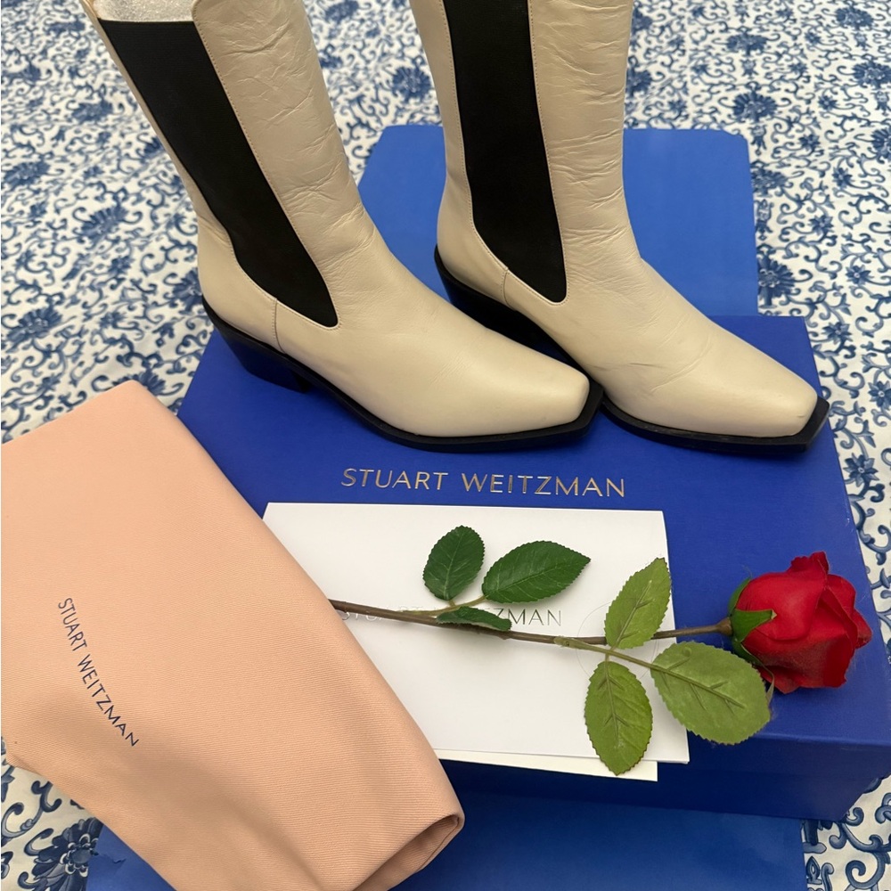 Stuart Weitzman Cream and Black Heeled Boots